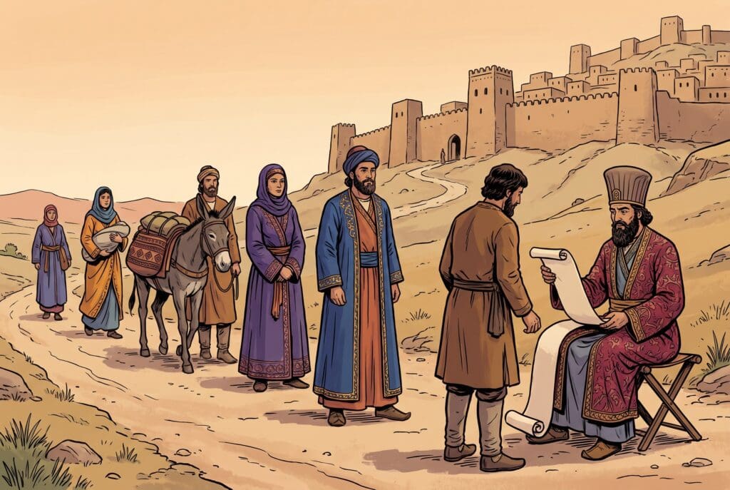 Comic book style illustration depicting a scene from Ezra chapter 2