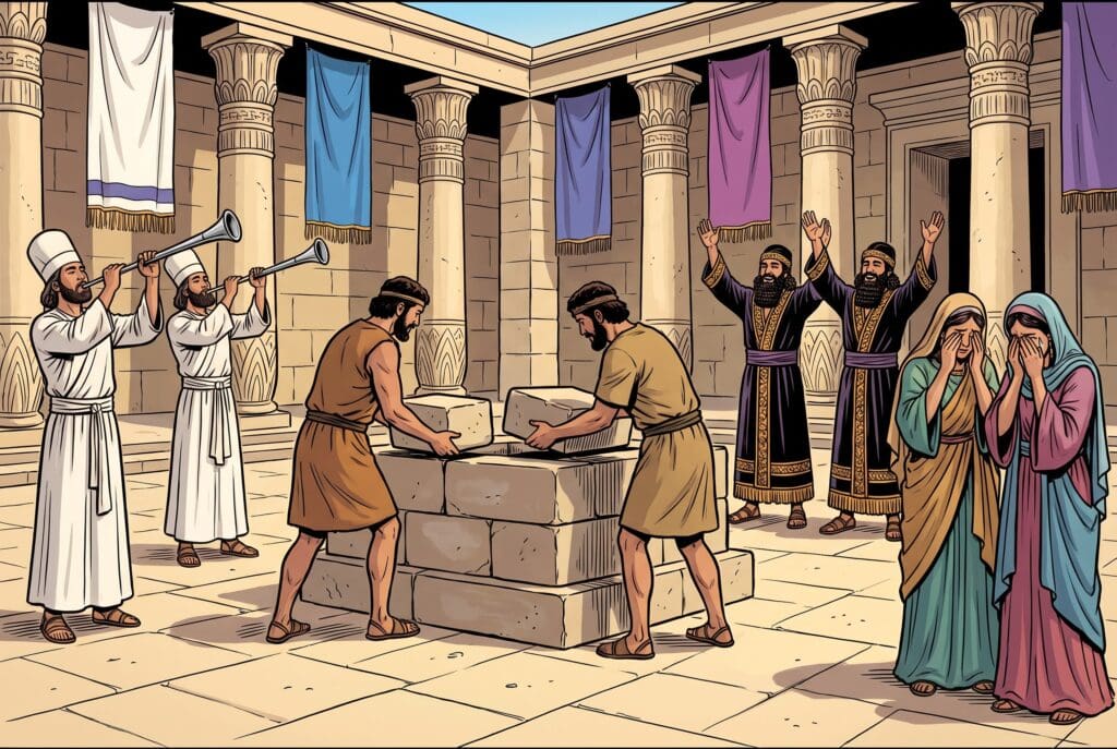 Comic book style illustration depicting a scene from Ezra chapter 3
