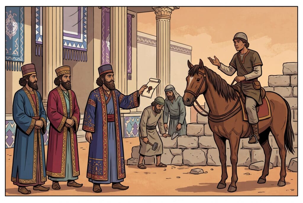 Comic book style illustration depicting a scene from Ezra chapter 4