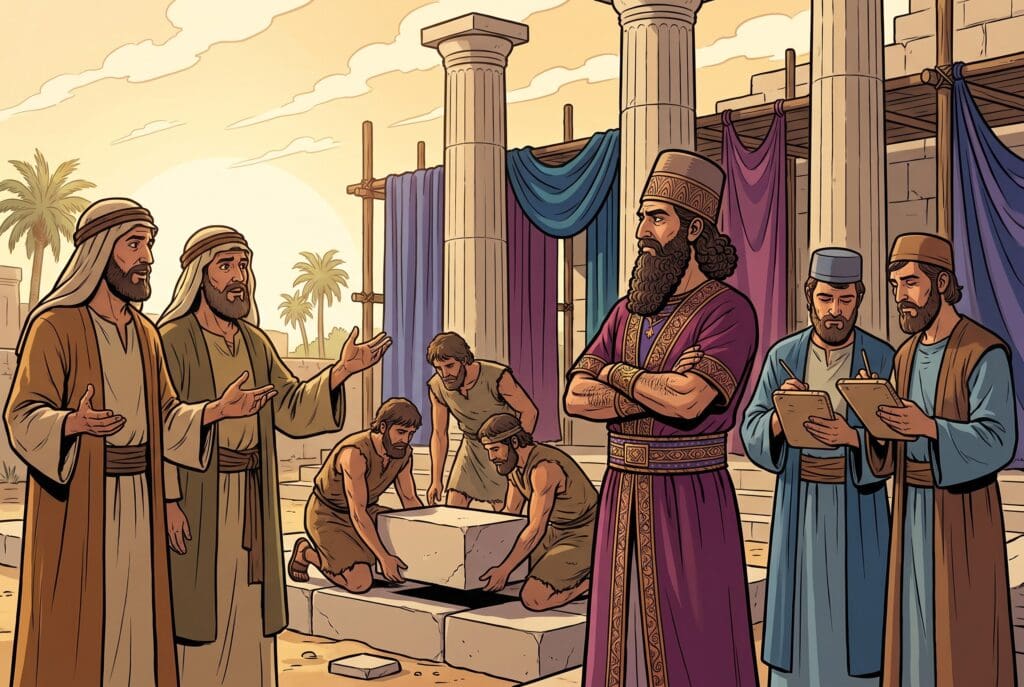 Comic book style illustration depicting a scene from Ezra chapter 5