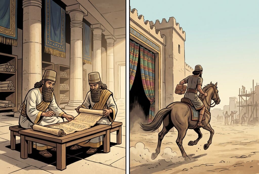 Comic book style illustration depicting a scene from Ezra chapter 6