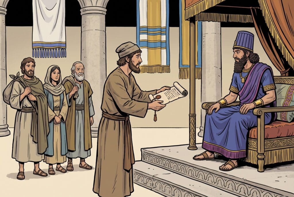 Comic book style illustration depicting a scene from Ezra chapter 7