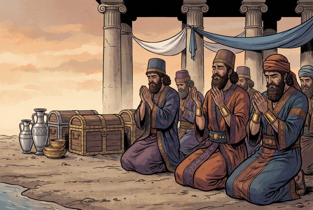 Comic book style illustration depicting a scene from Ezra chapter 8