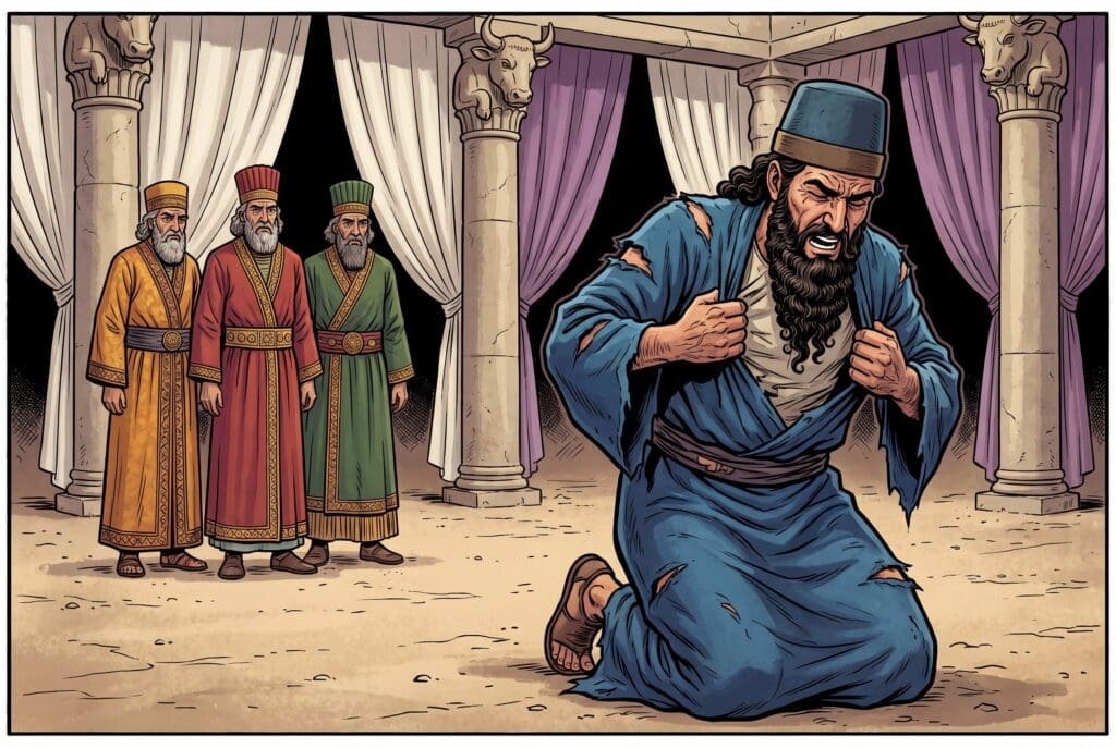 Comic book style illustration depicting a scene from Ezra chapter 9