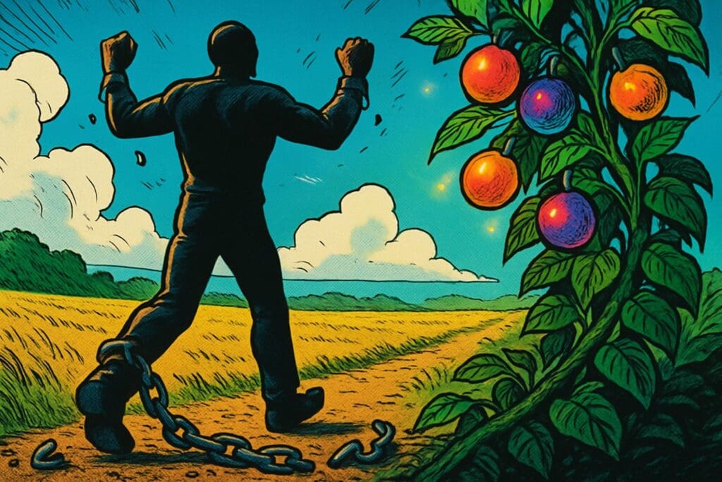 Comic book style illustration depicting a scene from Galatians chapter 5