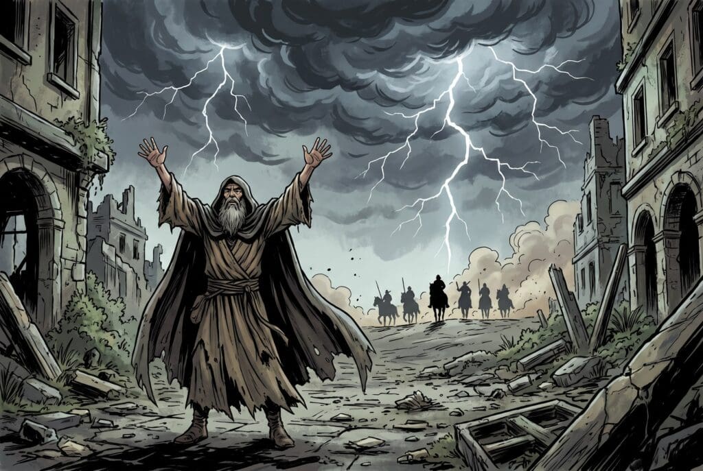 Comic book style illustration depicting a scene from Habakkuk chapter 1