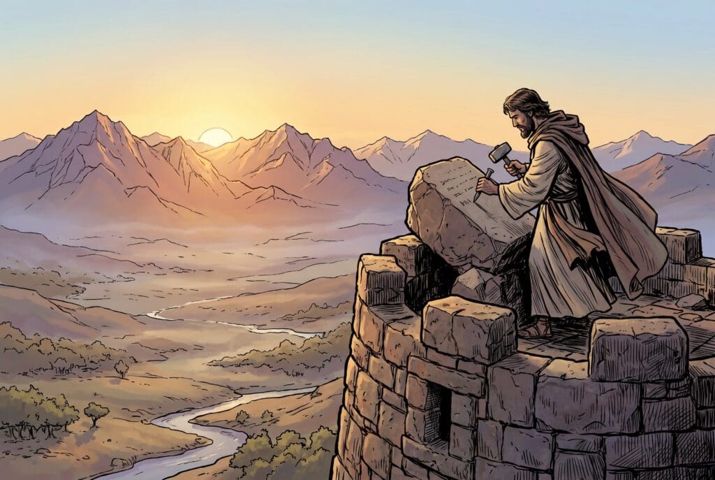 Comic book style illustration depicting a scene from Habakkuk chapter 2
