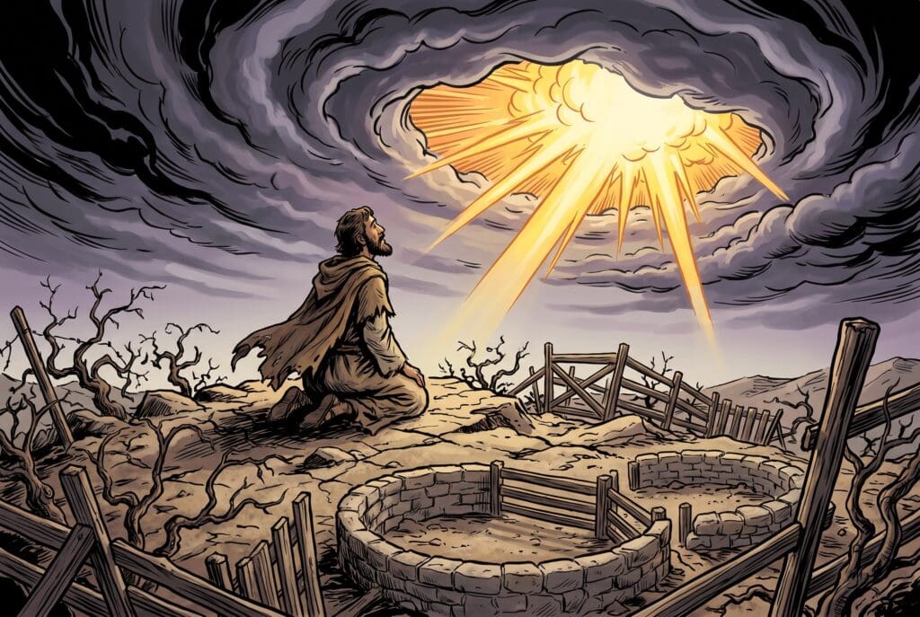 Comic book style illustration depicting a scene from Habakkuk chapter 3