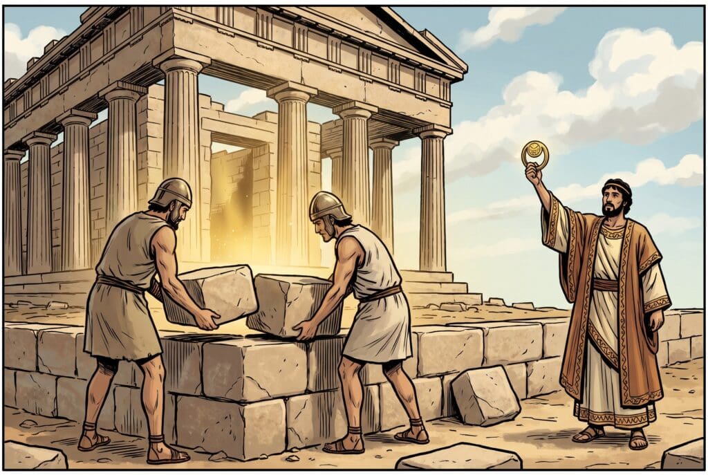 Comic book style illustration depicting a scene from Haggai chapter 2