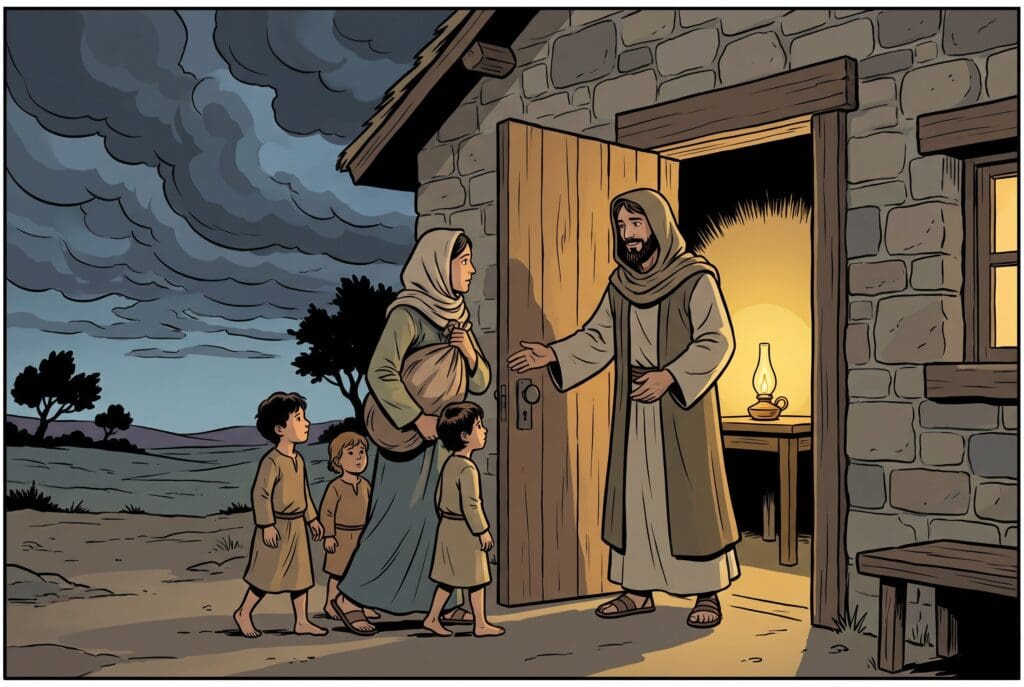Comic book style illustration depicting a scene from Hosea chapter 1