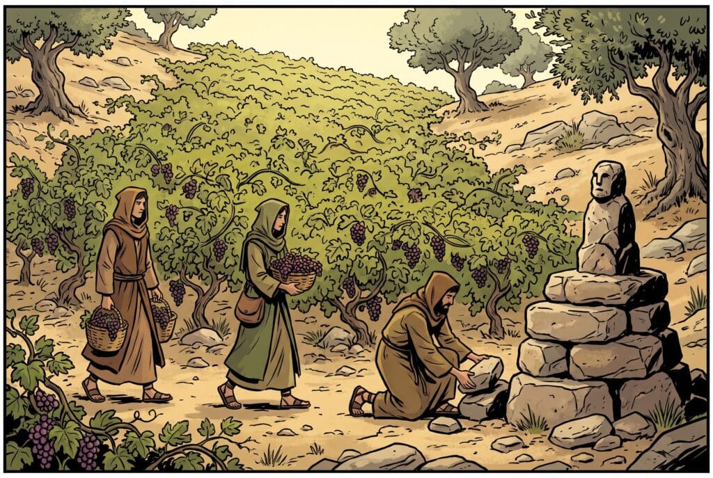 Comic book style illustration depicting a scene from Hosea chapter 10