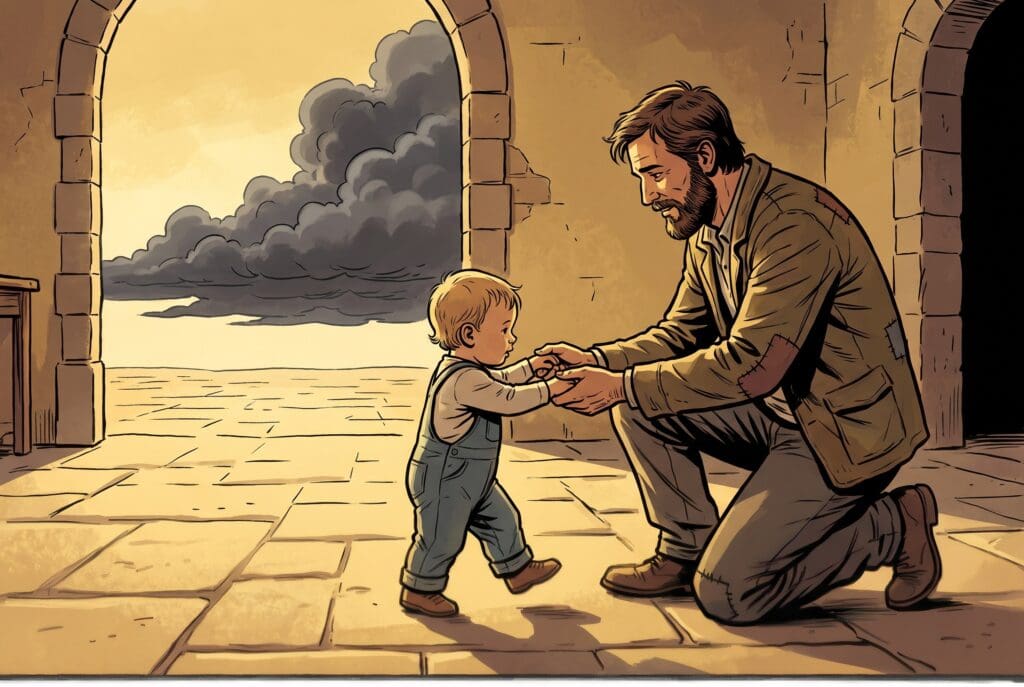 Comic book style illustration depicting a scene from Hosea chapter 11