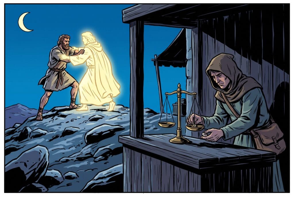 Comic book style illustration depicting a scene from Hosea chapter 12