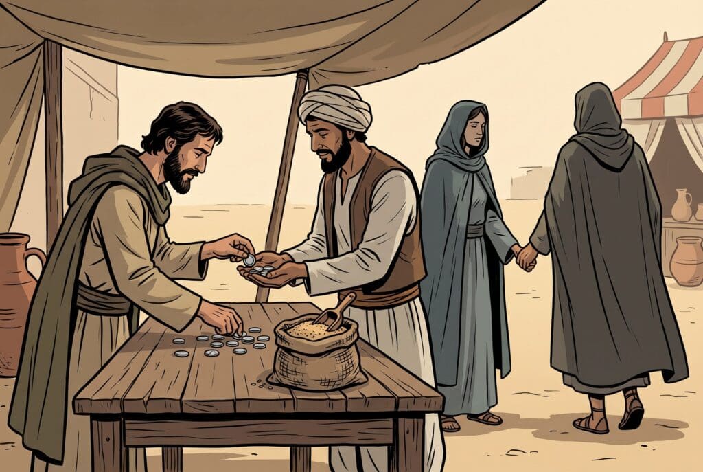Comic book style illustration depicting a scene from Hosea chapter 3