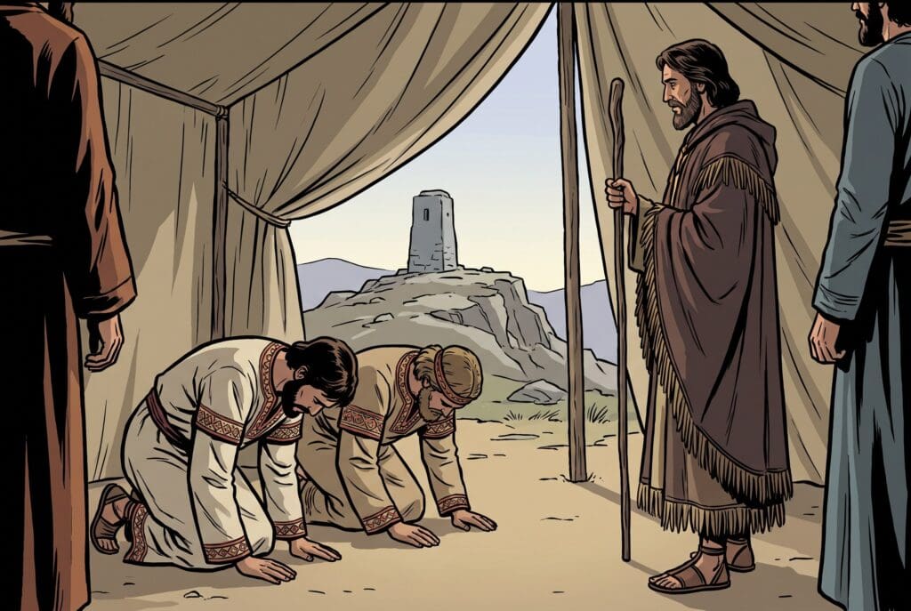 Comic book style illustration depicting a scene from Hosea chapter 5
