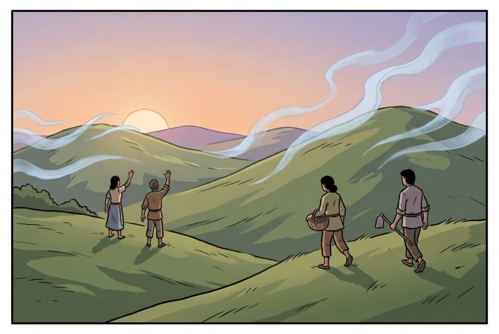Comic book style illustration depicting a scene from Hosea chapter 6