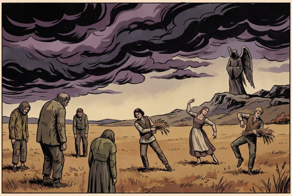 Comic book style illustration depicting a scene from Hosea chapter 9