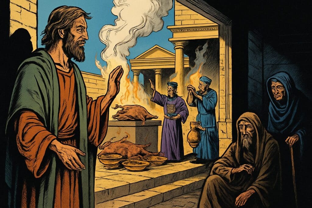 Comic book style illustration depicting a scene from Isaiah chapter 1