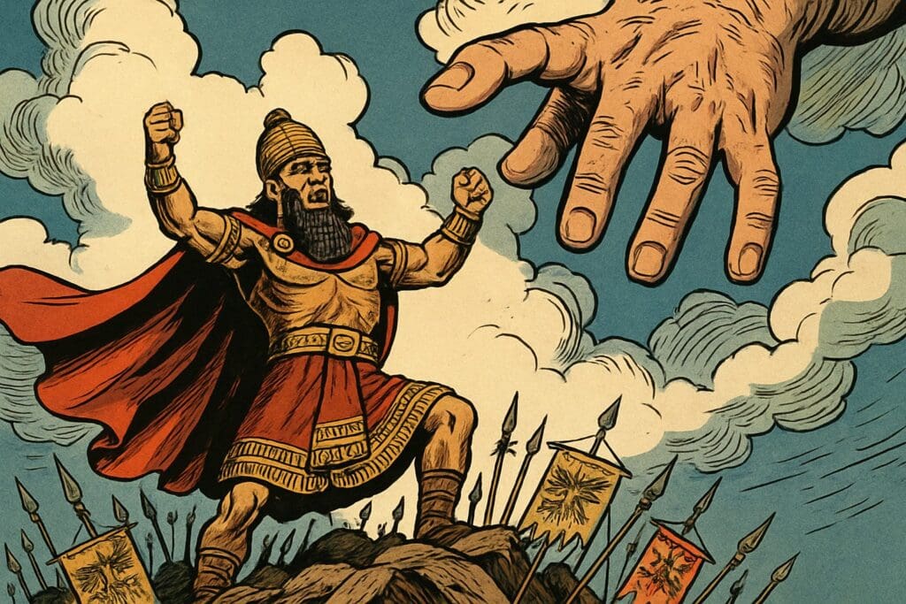 Comic book style illustration depicting a scene from Isaiah chapter 10