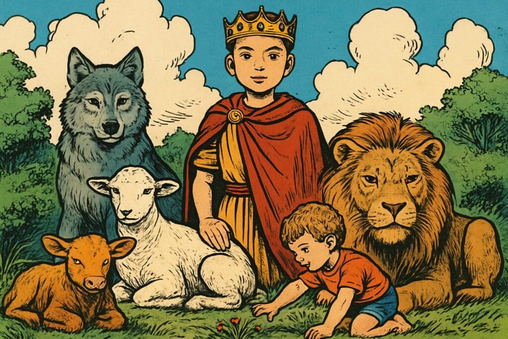 Comic book style illustration depicting a scene from Isaiah chapter 11