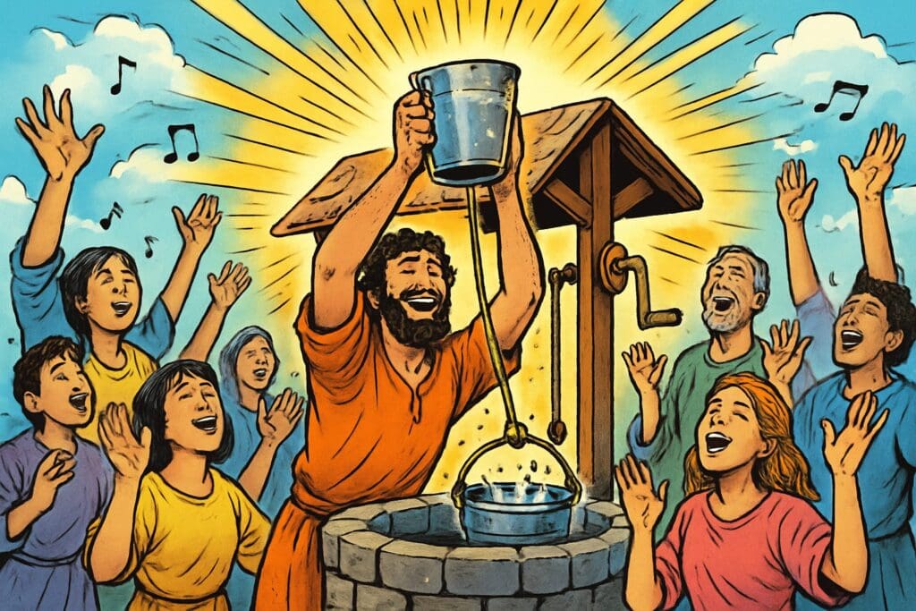 Comic book style illustration depicting a scene from Isaiah chapter 12