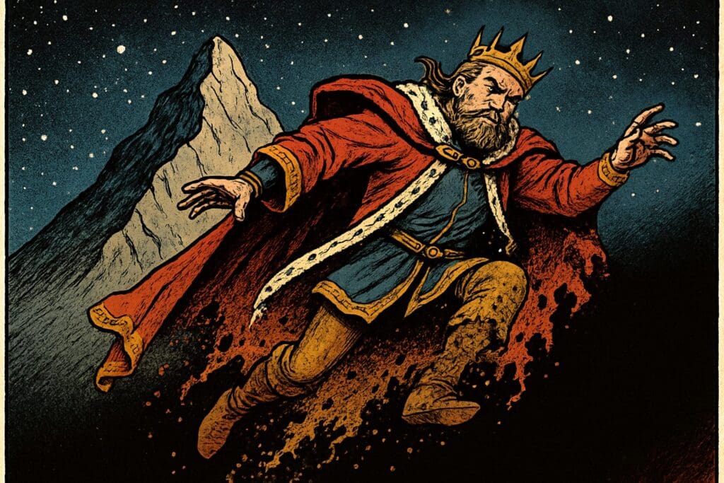 Comic book style illustration depicting a scene from Isaiah chapter 14