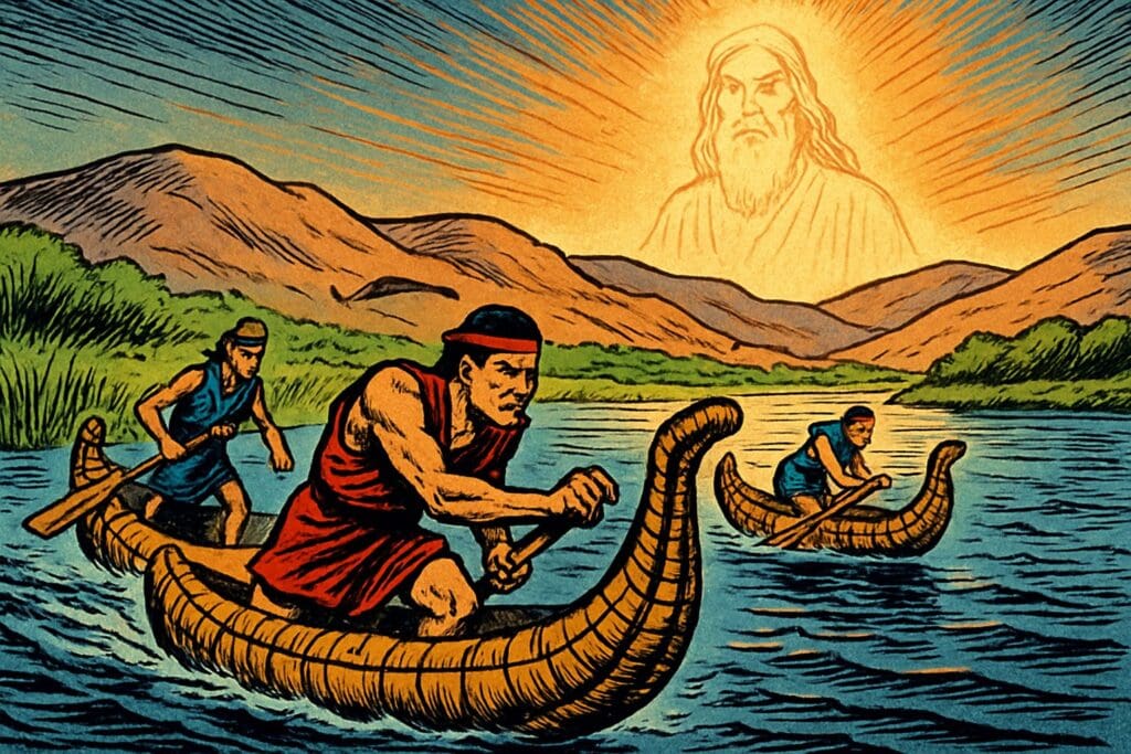 Comic book style illustration depicting a scene from Isaiah chapter 18
