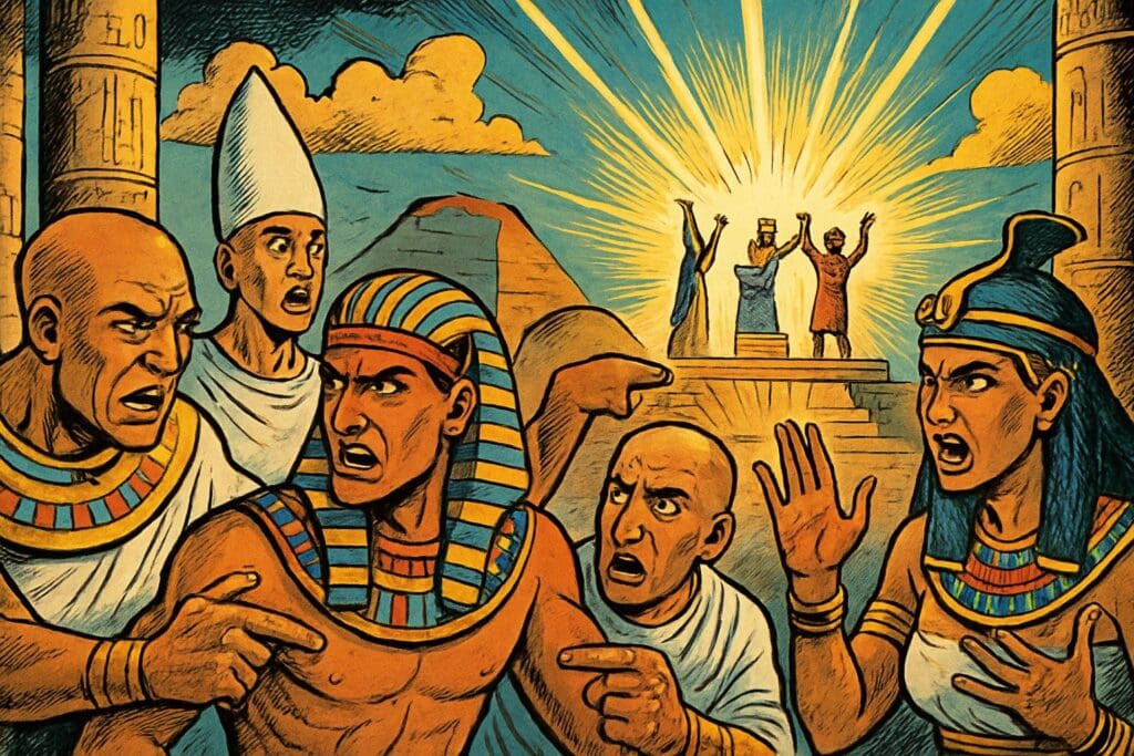 Comic book style illustration depicting a scene from Isaiah chapter 19