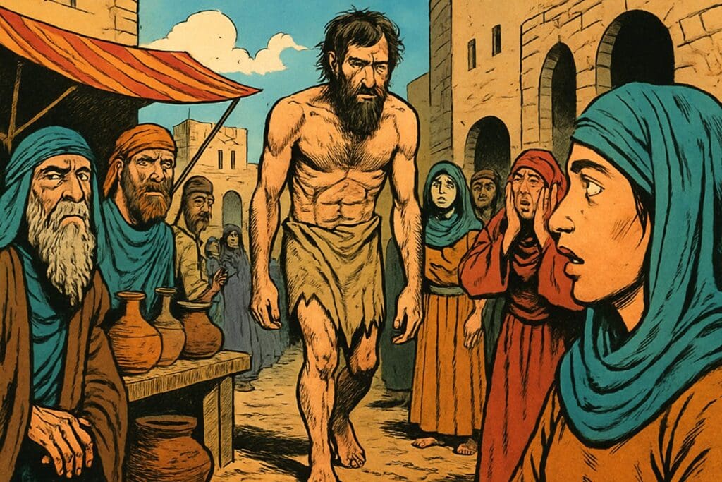 Comic book style illustration depicting a scene from Isaiah chapter 20