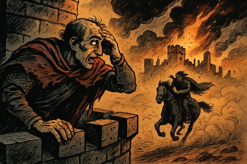 Comic book style illustration depicting a scene from Isaiah chapter 21