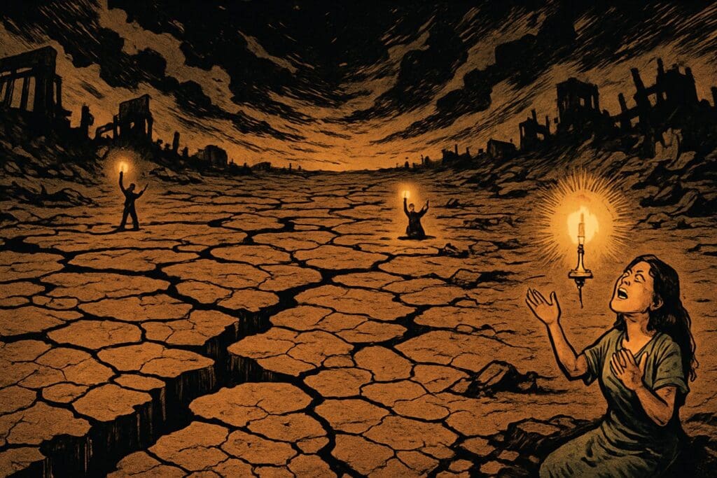 Comic book style illustration depicting a scene from Isaiah chapter 24