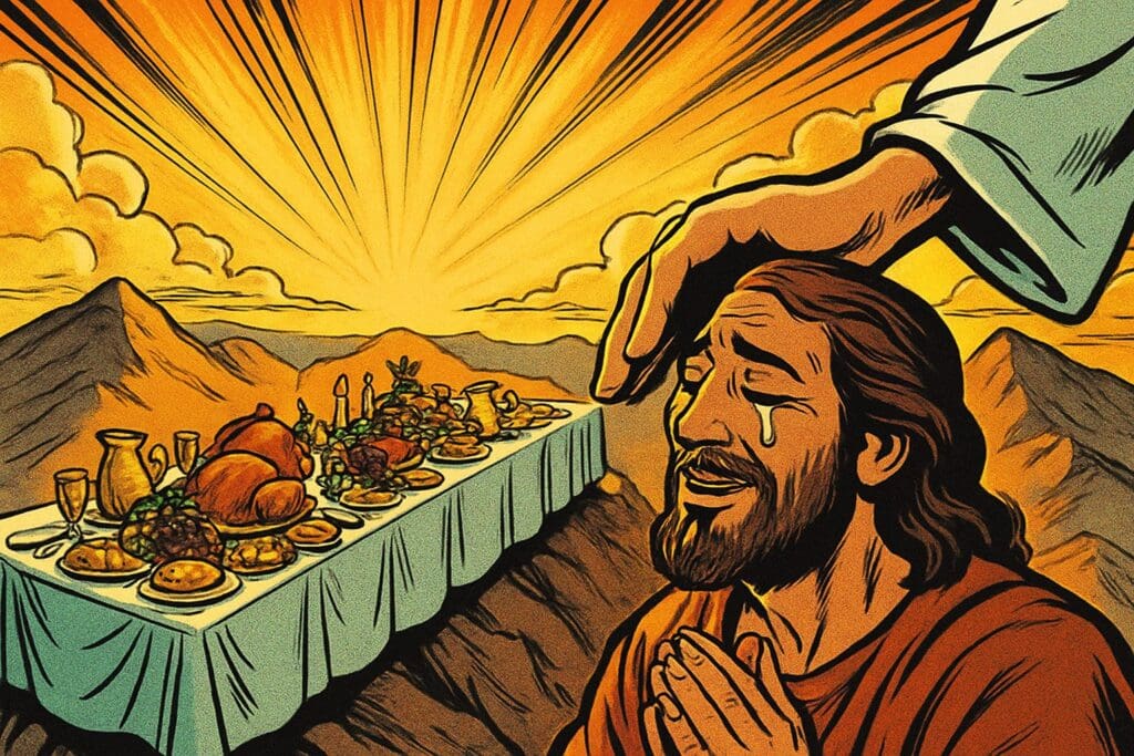 Comic book style illustration depicting a scene from Isaiah chapter 25