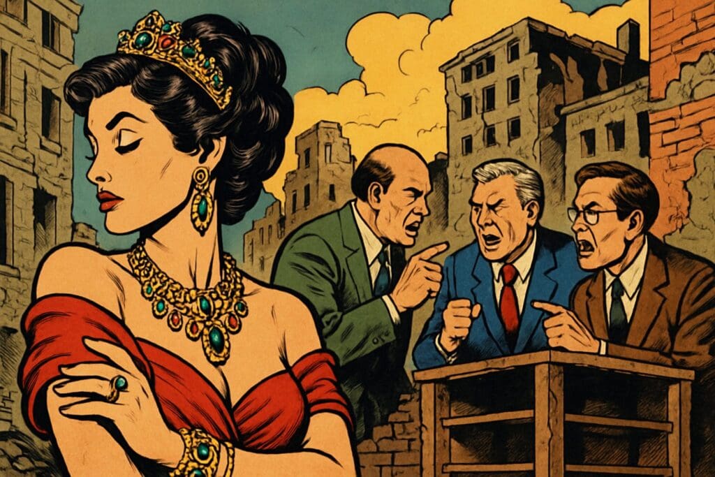 Comic book style illustration depicting a scene from Isaiah chapter 3