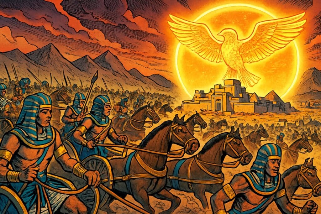 Comic book style illustration depicting a scene from Isaiah chapter 31