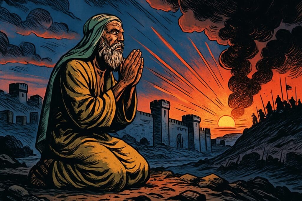 Comic book style illustration depicting a scene from Isaiah chapter 33