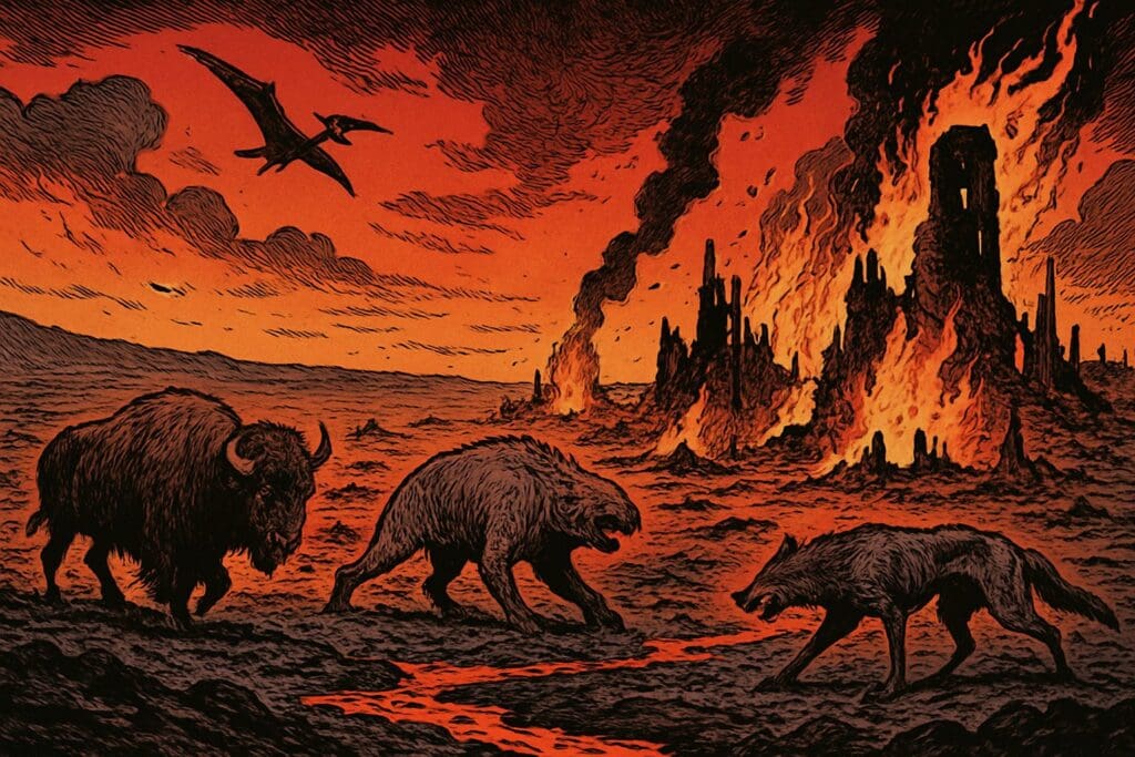 Comic book style illustration depicting a scene from Isaiah chapter 34