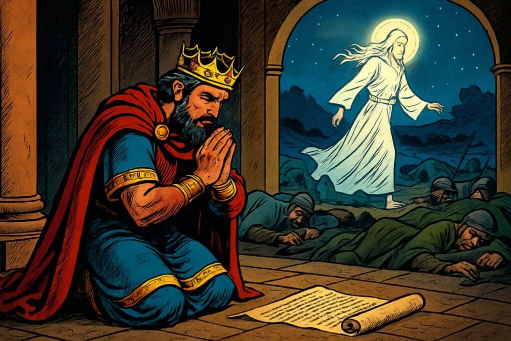 Comic book style illustration depicting a scene from Isaiah chapter 37