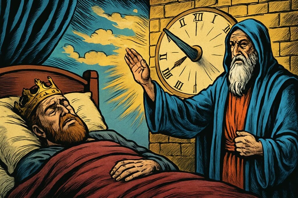 Comic book style illustration depicting a scene from Isaiah chapter 38