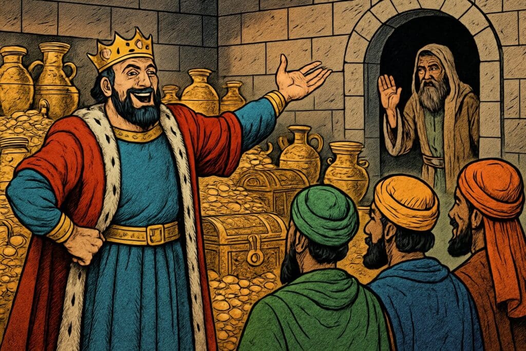 Comic book style illustration depicting a scene from Isaiah chapter 39