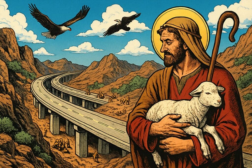 Comic book style illustration depicting a scene from Isaiah chapter 40