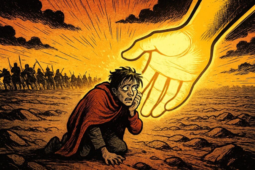 Comic book style illustration depicting a scene from Isaiah chapter 41