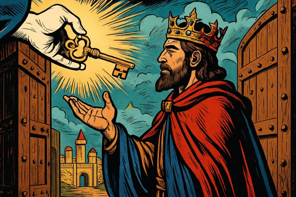 Comic book style illustration depicting a scene from Isaiah chapter 45