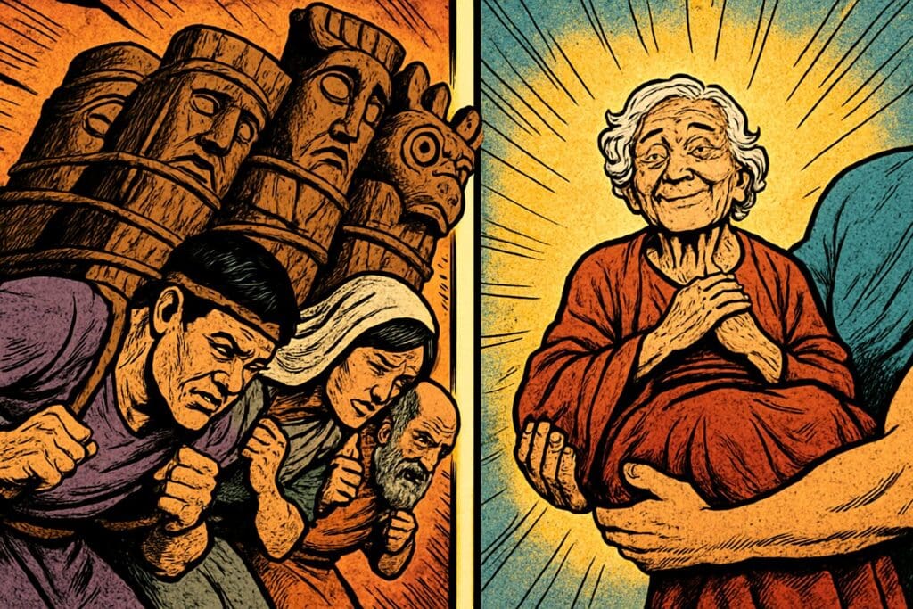 Comic book style illustration depicting a scene from Isaiah chapter 46