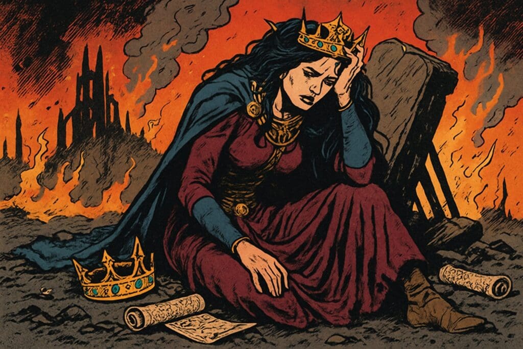 Comic book style illustration depicting a scene from Isaiah chapter 47