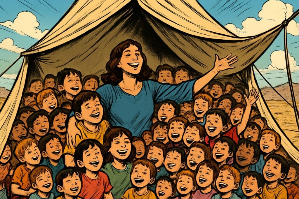 Comic book style illustration depicting a scene from Isaiah chapter 54