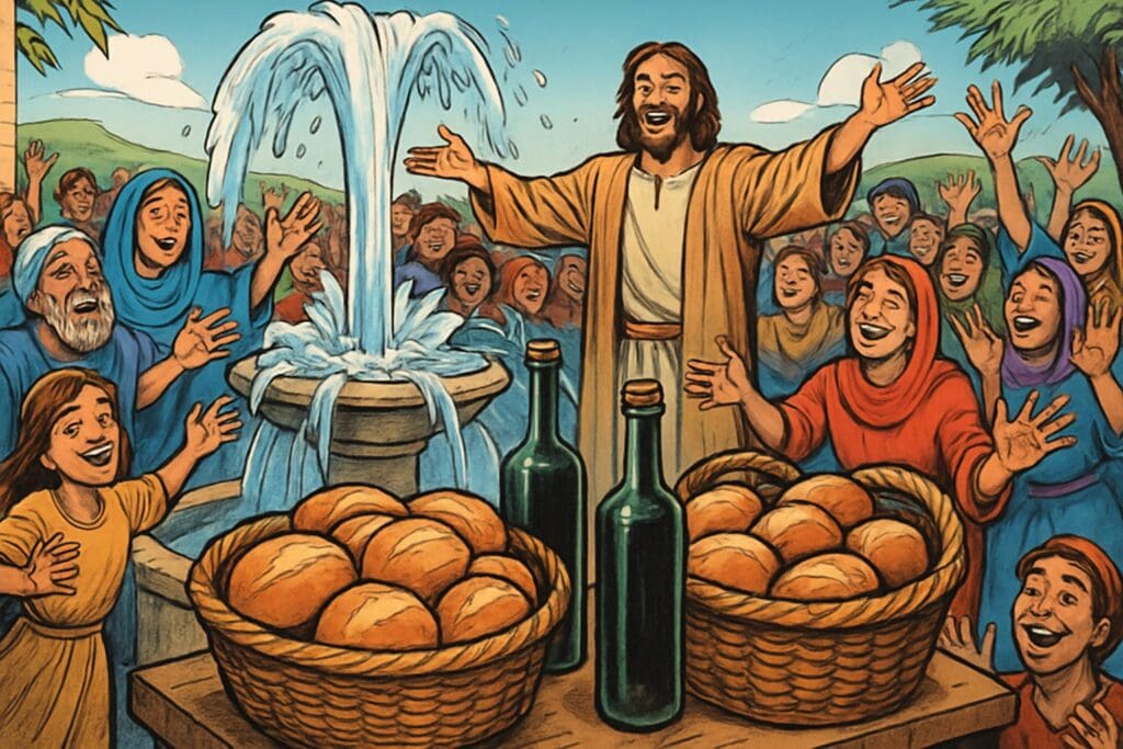 Comic book style illustration depicting a scene from Isaiah chapter 55