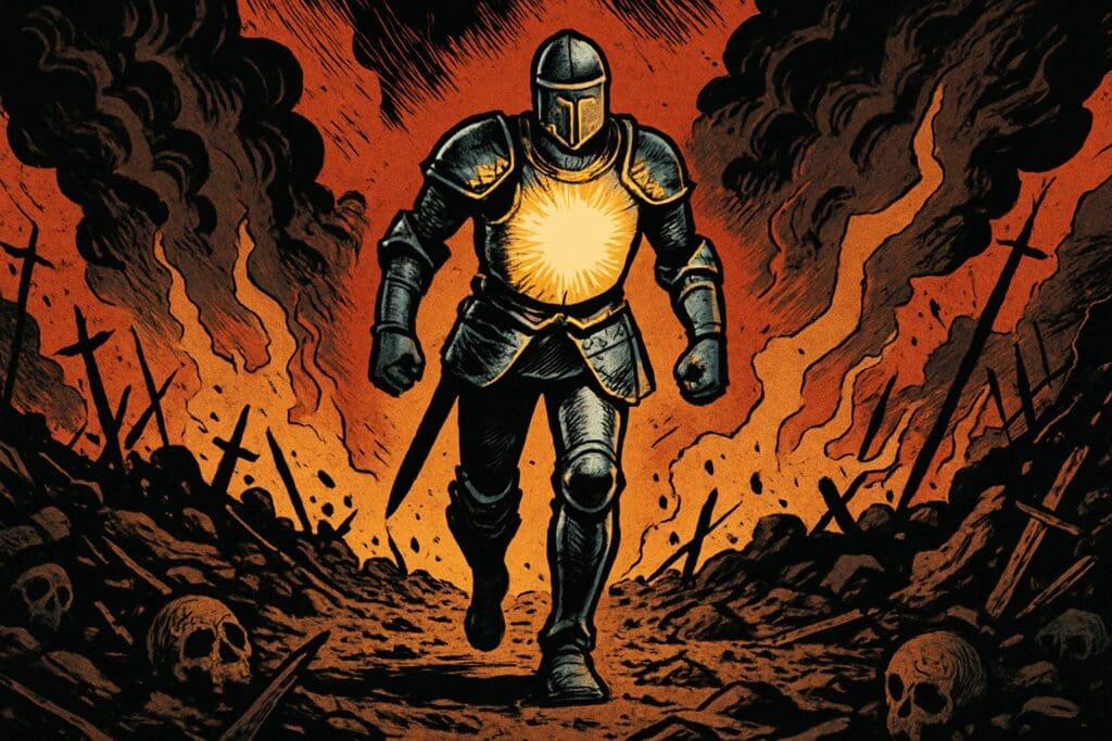Comic book style illustration depicting a scene from Isaiah chapter 59