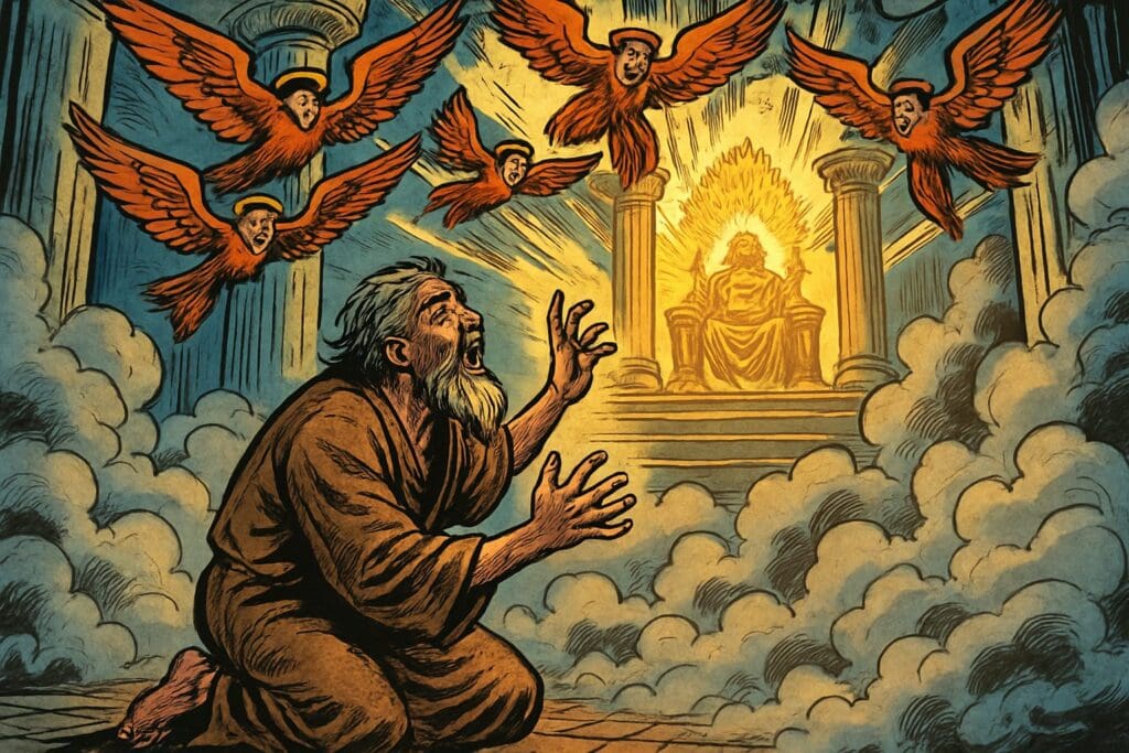 Comic book style illustration depicting a scene from Isaiah chapter 6