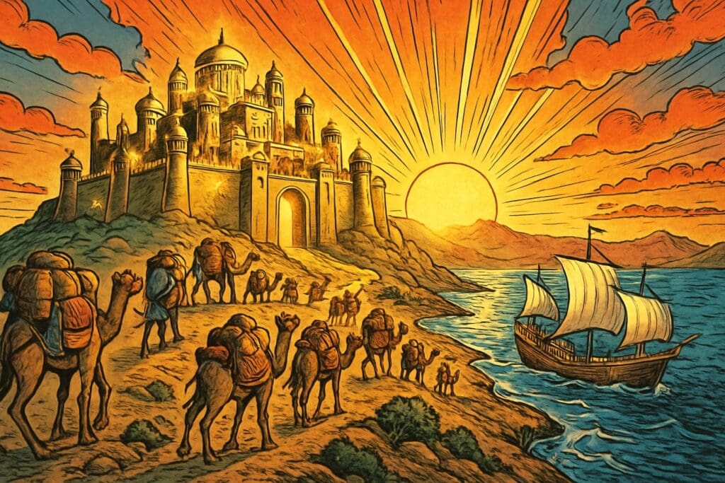 Comic book style illustration depicting a scene from Isaiah chapter 60