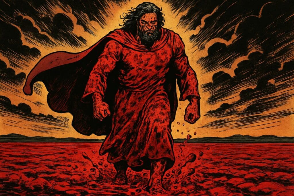 Comic book style illustration depicting a scene from Isaiah chapter 63